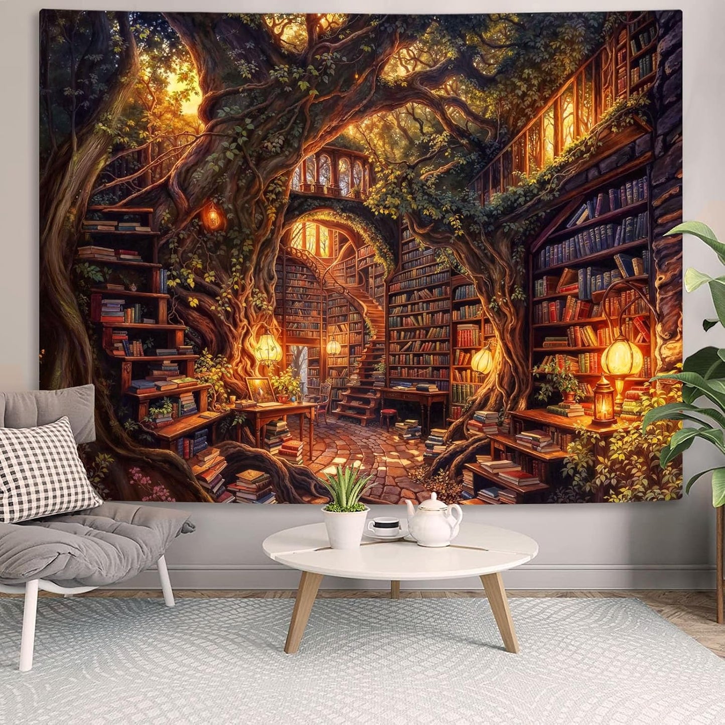 Accnicc Forest Library Tapestry Tree Bookshelf Tapestries Wall Hanging Vintage Fantasy Fairy Treehouse Book Large Tapestry for Bedroom Living Room Dorm Classroom 80 x 60 inch