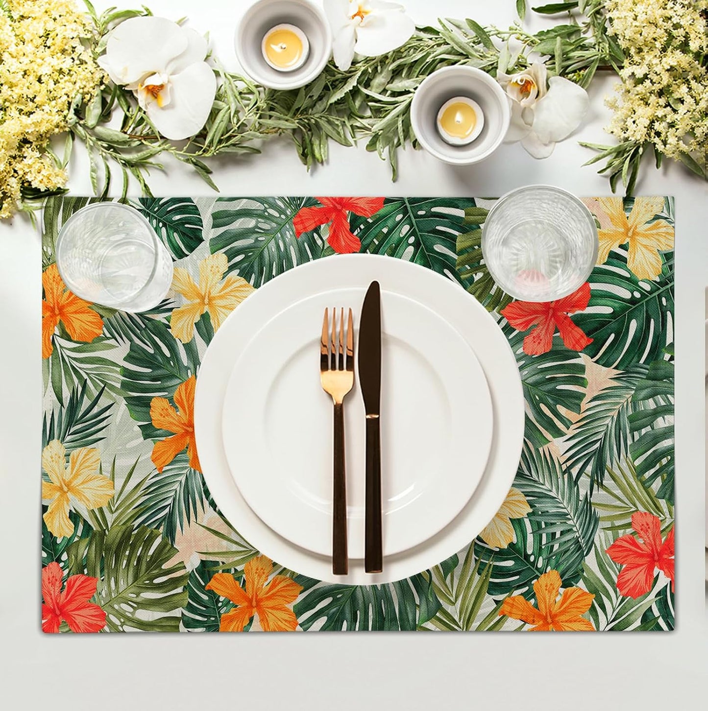 Tropical Palm Leaves Table Mats Set of 4 Summer Watercolor Hibiscus Flower Leaf Placement Mats for Dining Table Washable Non-Slip Heat Resistant Linen Place Mat 12×18 Inch