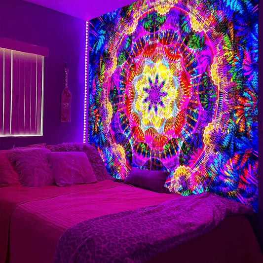 PSYHILAR Blacklight Mandala Tapestry for Bedroom, Psychedelic Black Light Posters for Adults and Teens, Colorful UV Reactive Aesthetic Bohemian Art Wall Hanging Decor (40 x 30 Inches)