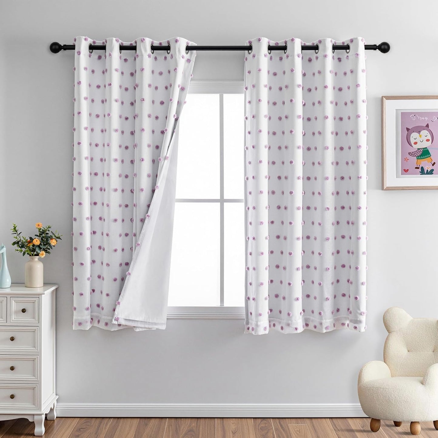 MYSKY HOME 100% Blackout Curtains for Girls Bedroom 54 Inch Long Purple Pom Pom Full Blackout Curtains for Kids Room 2 Panels Room Darkening Small Window Treatment Grommet 2 Layered Drapes 52"W x 54"L