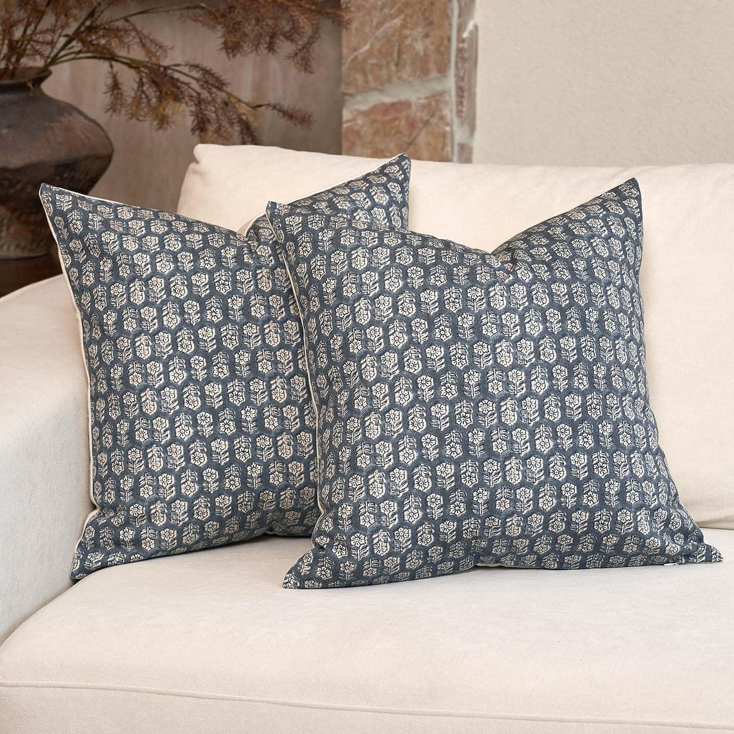 DOMVITUS Floral Pillow Covers Set of 2, 24x24 Pillow Covers, Floral Print Neutral Accent Decorative Pillow Covers for Living Room, Bed, Dusty Blue