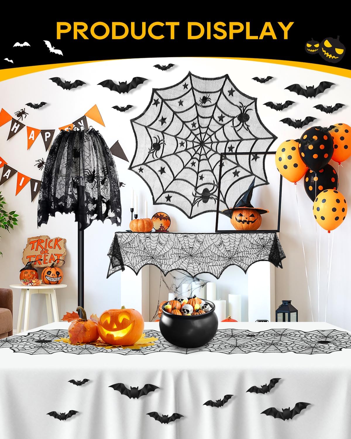 eZAKKA 5 Pack Halloween Decorations Indoor Halloween Spider Web Tablecloth Table Runners Fireplace Mantel Scarf Cobweb Lampshade Scary 3D Bats for Parties Gothic Spooky Home Decoration
