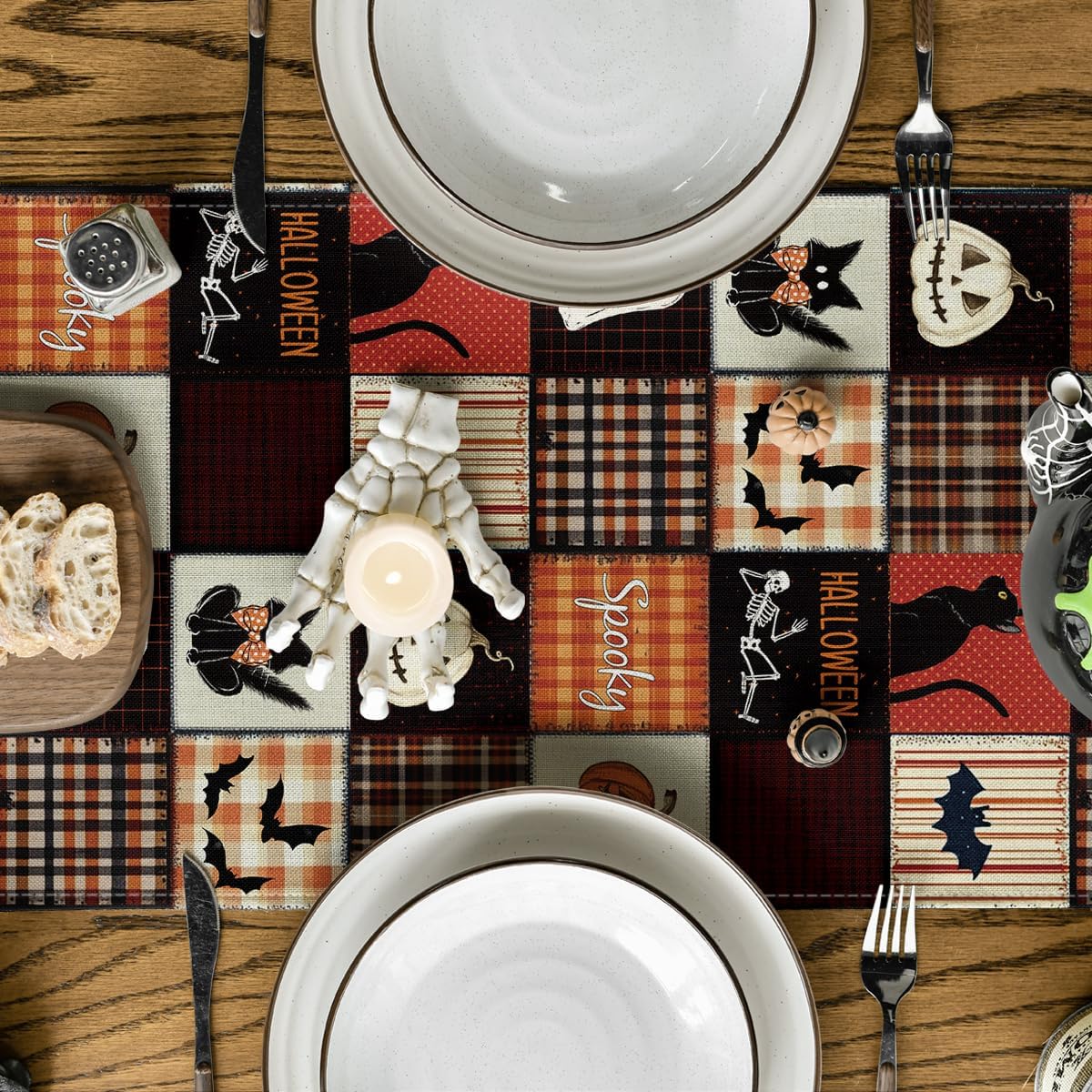 Artoid Mode Black Cat Bat Pumpkin Spooky 210 GSM Halloween Table Runner, Ghost Kitchen Dining Table Decoration for Home Party Decor 13x120 Inch