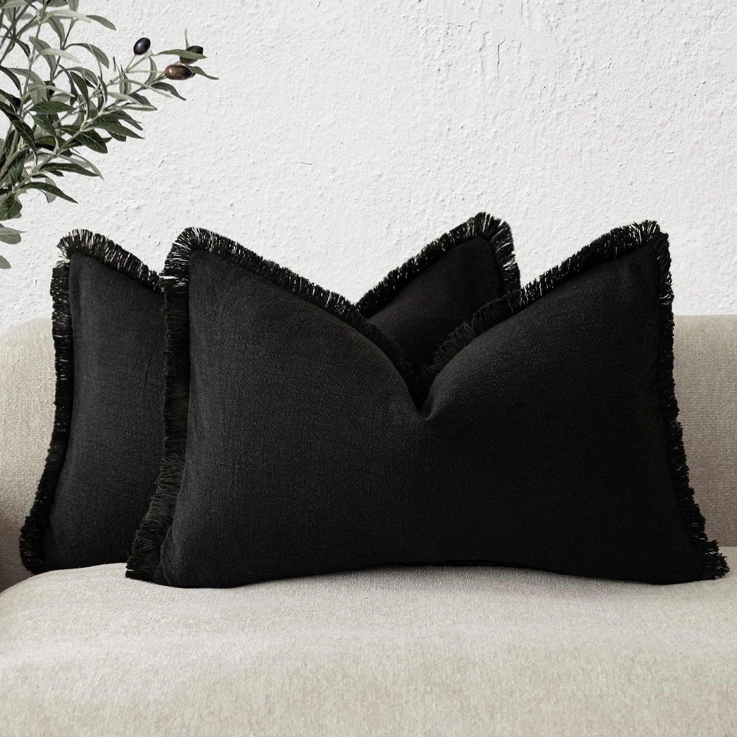 Foindtower Set of 2 Decorative Linen Fringe Throw Pillow Covers Boho Farmhouse Cushion Cover with Tassels Lumbar Accent Pillowcase for Bed Couch Sofa Living Room Home Bedroom Decor, 12×24 Inch, Black