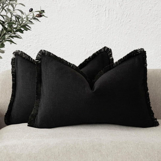 Foindtower Set of 2 Decorative Linen Fringe Lumbar Throw Pillow Covers Boho Farmhouse Cushion Cover with Tassels Soft Accent Pillowcase for Couch Sofa Bed Living Room Home Decor,12×20 Inch,Black