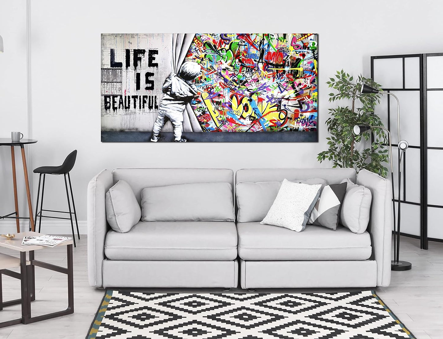 JKWALL77 Colorful Banksy Wall-Art - Graffiti Canvas Wall Art - Large Wall Decor For Living Room Ready To Hang Size 59" x 29"