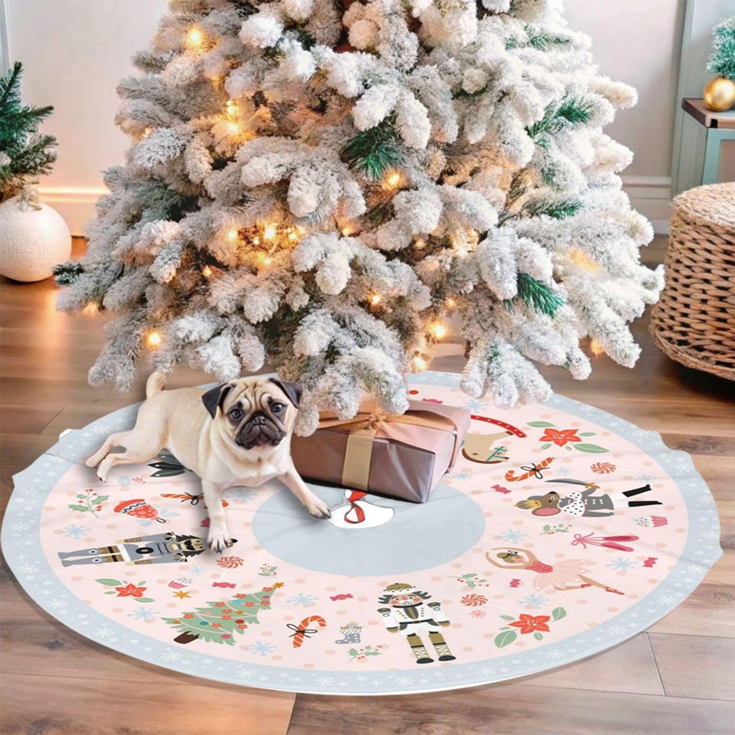 48" Large Christmas Tree Skirt, Cute Nutcracker Candy Pattern Tree Mat Base Cover for Xmas Festive Holiday Party Decoration Ornaments