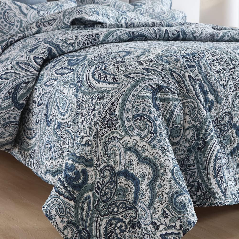 Autumn Dream Cotton Bedspread Quilt Sets, 3 Pieces Reversible Comforter Coverlet Sets,Blue Floral Paisley Bedspread,King Size