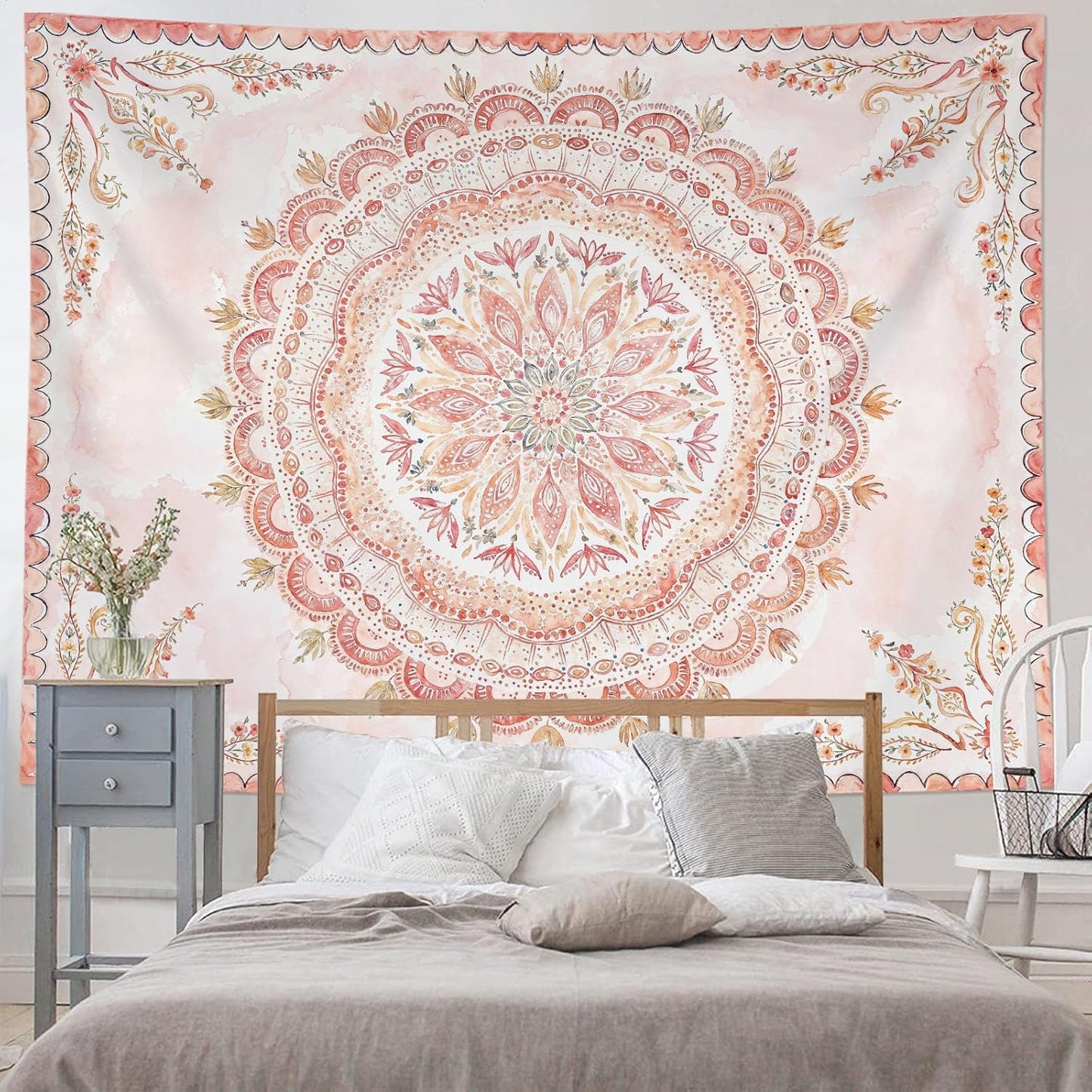 Fowocu Boho Floral Mandala Tapestry Wall Hanging Pink Bohemian Flower Medallion Tapestry Aesthetic Watercolor Hippie Indian Large Tapestries for Bedroom Living Room Dorm Decor 80 x 60 Inch