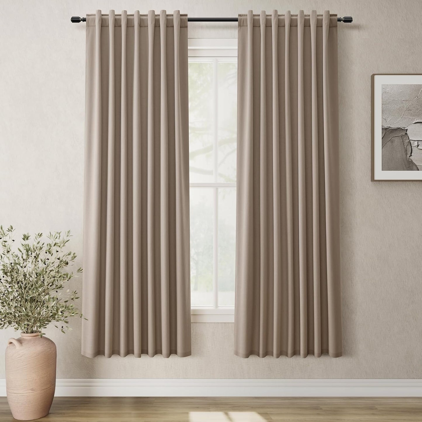 BOODII Linen Blackout Curtains for Bedroom 72 Inch Length 2 Panels Set Room Darkening Curtains Light Brown Black Out Curtain Neutral Thermal Insulated Living Room Nursery Drapes Back Tab 52x72