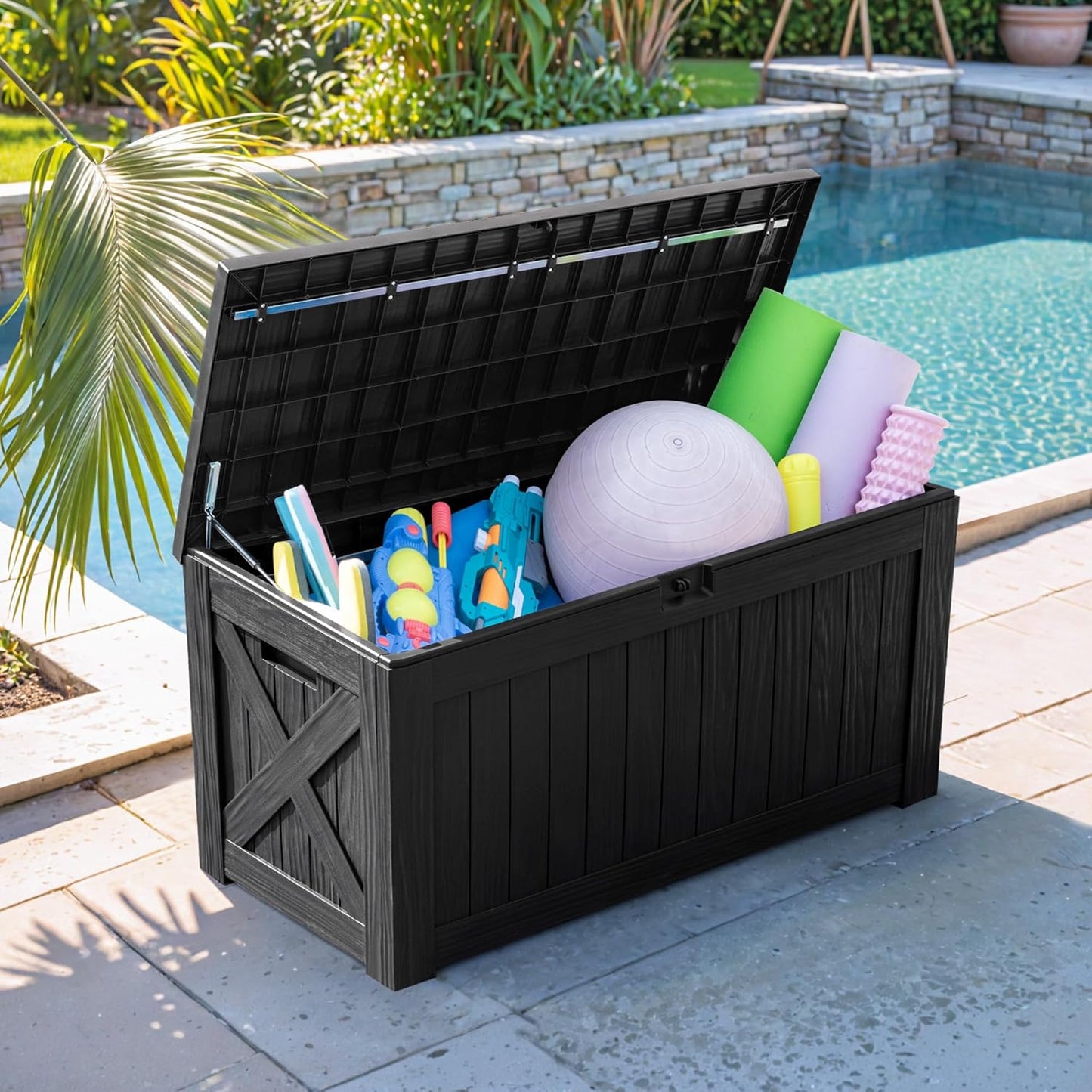 Flamaker Resin Deck Box 120 Gallon Waterproof Large Outdoor Indoor Storage Box Imitation Wood Resin for Patio Furniture Garden Tools and Pool (Black)