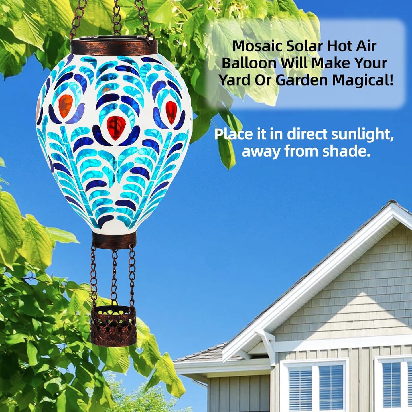 VOREEN Hot Air Balloon Solar Lantern, Mosaic Solar Outdoor Hanging Wind Light, Waterproof, Patio Festive Decor, Gift for Mom Wife Friend, Peacock Feather Design