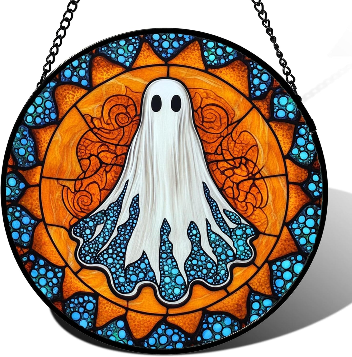 Stained Glass Window Hanging - Halloween Decorations White Ghost Suncatcher for Doors Garden Indoor Spooky Funny Blue Sun Catchers Gothic Decor Horror Gifts for Women Men Friend 6.3 in