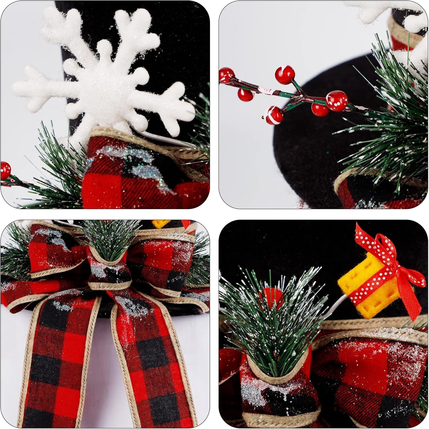 yofit Christmas Tree Topper Hat, Black Velvet Hat with Red Buffalo Plaid Bow Red Berry Snowflake, Christmas Tree Decorations Top Hat, Desktop Ornaments for Home Holiday Winter Decor
