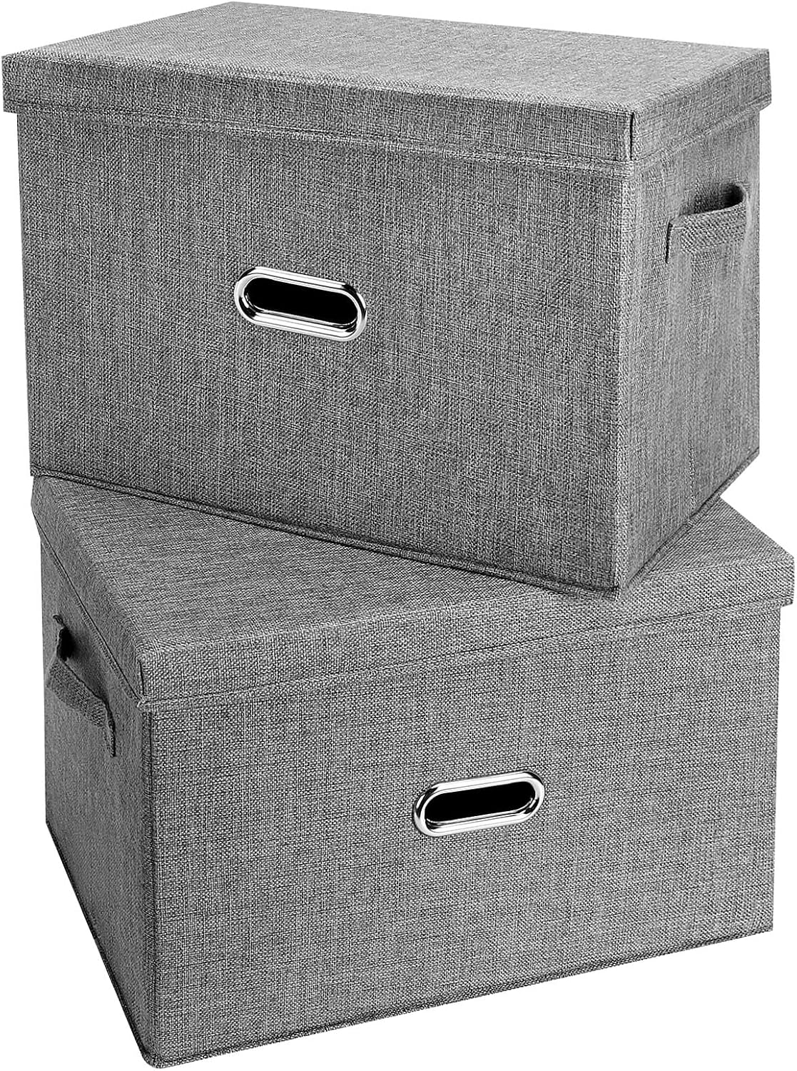 Large Linen Fabric Foldable Storage Bins with Removable Lid and Handles, Washable Storage Box Organizer Containers Baskets Cube with Cover for Bedroom,Closet,Nursery (Grey, XXL(2-Pack))