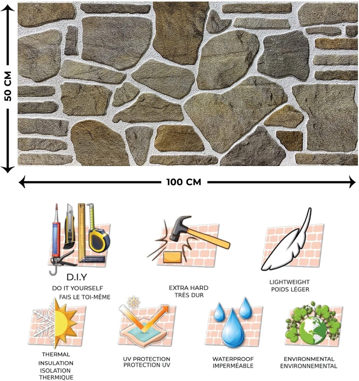 Dundee Deco 3D Wall Panels - Cladding, Grey Caramel White Stone Look Wall Paneling, Styrofoam Facing for Interior and Exterior Applications, DIY, Set of 5, Covers 27 sq ft