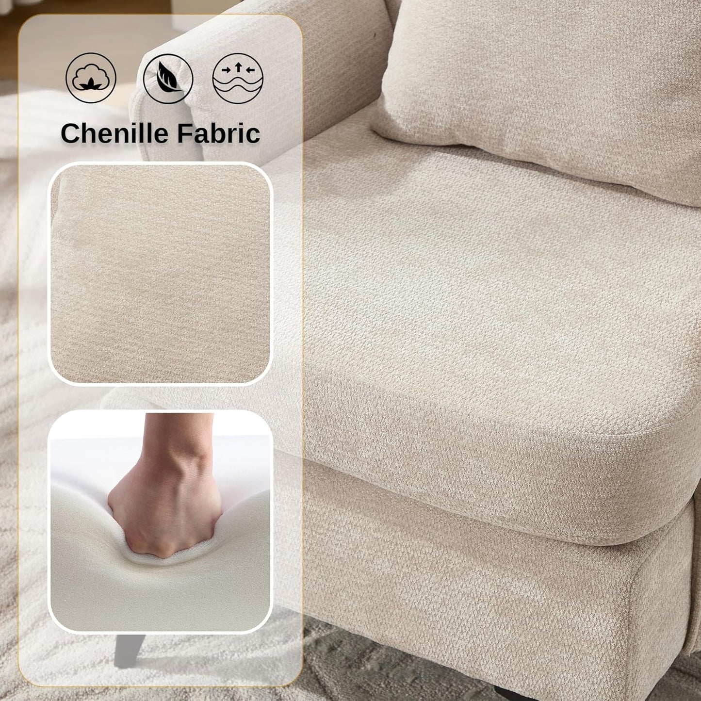 KCC Mid-Century Accent Chairs,Chenille Modern Upholstered Single Sofa,Cozy Armchair with Back for Bedroom/Office/Cafe,Begie