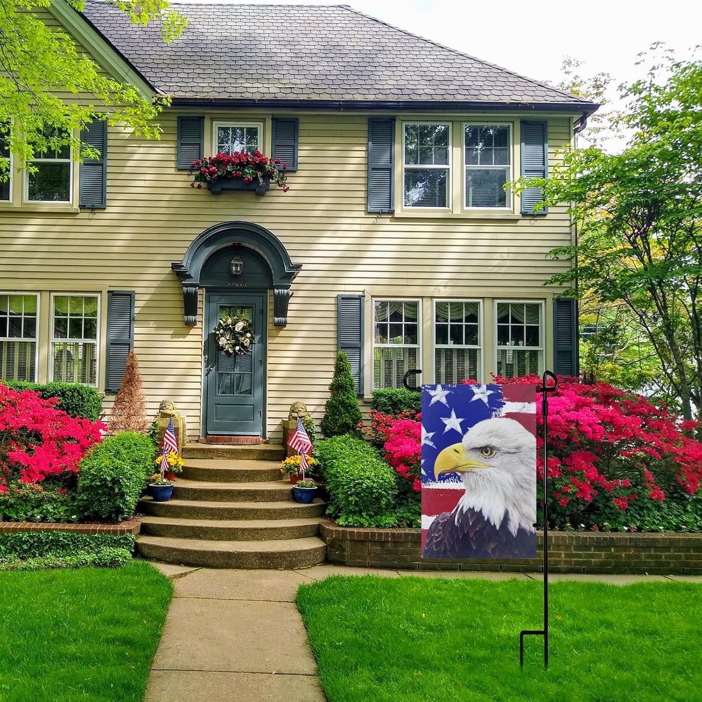 TOPFLAGS Garden Flag Stand with American Garden Flags Patriotic Stars and Eagle Yard Flag 12x18 Inch Holder Pole Stake Double Side for Outside with Clips and Stopper for Memorial Day 4 th of July