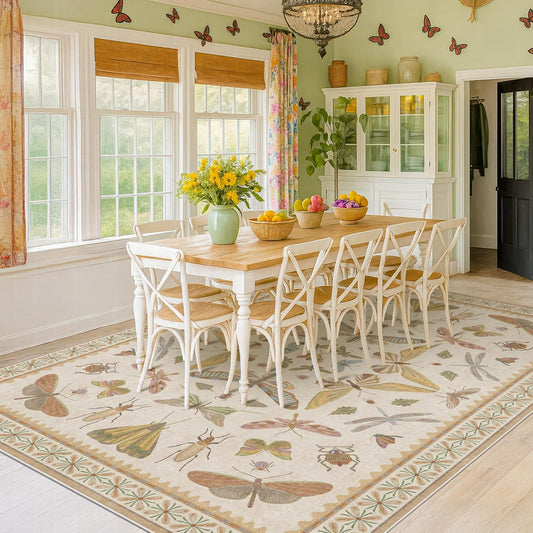Beige Dining Table Rug - 6x9 Area Rugs for Bedroom, Living Room, Cute Kids Room, Large Fun Insect Butterfly Vintage Non-Slip Décor, Low Pile Stain Resistant