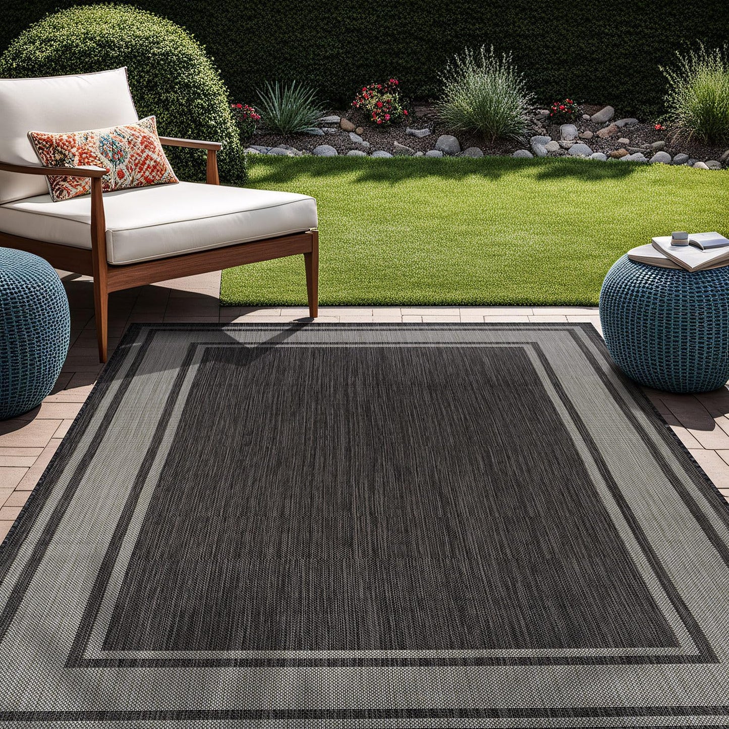 Beverly Rug Outdoor Rug 5x7 Modern Bordered Area Rugs for Indoor and Outdoor Patio Deck Porch Garden Waterproof Weather Sun Resistant Washable Outside Carpet (5 x 7 Dark Gray)