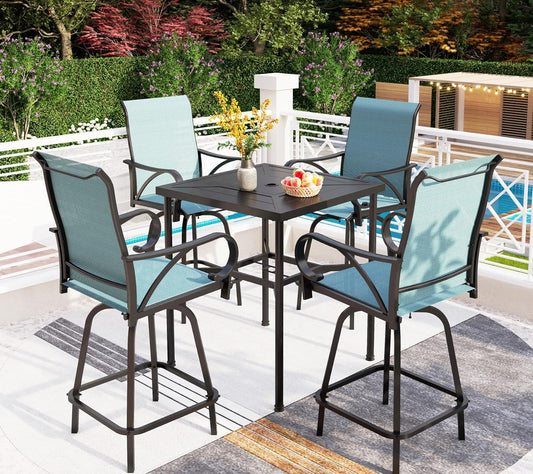 PHI VILLA Outdoor Swivel Bar Stools Set for 4, Metal Patio Bar Table and Chairs Set with Teal Textilene Fabric for Outside