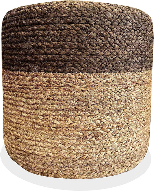 Jute Pouf Ottoman | Footrest Pouf | Hand Braided - Round Boho Pouffe - for Living Room, Bedroom, Nursery (16"x16"x16") Grey