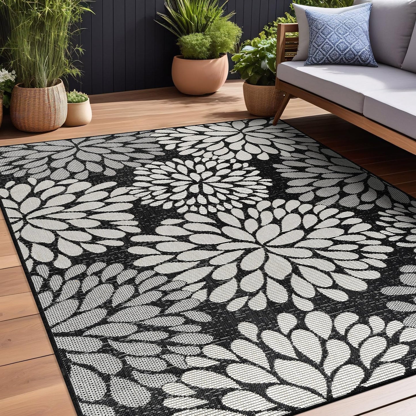 Beverly Rug Outdoor Rug 9x12 Modern Exotic Tropical Leaf Area Rugs for Indoor and Outdoor Patio Deck Porch Garden Water Resistant Washable Outside Carpet (9 x 12 Dark Gray)
