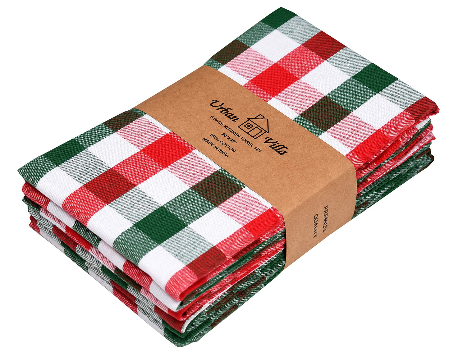 Christmas Kitchen Towels Set (6 Pack) – 100% Cotton, Absorbent Dish Cloths with Hanging Loop (X-Mas Checks, 20"x30")