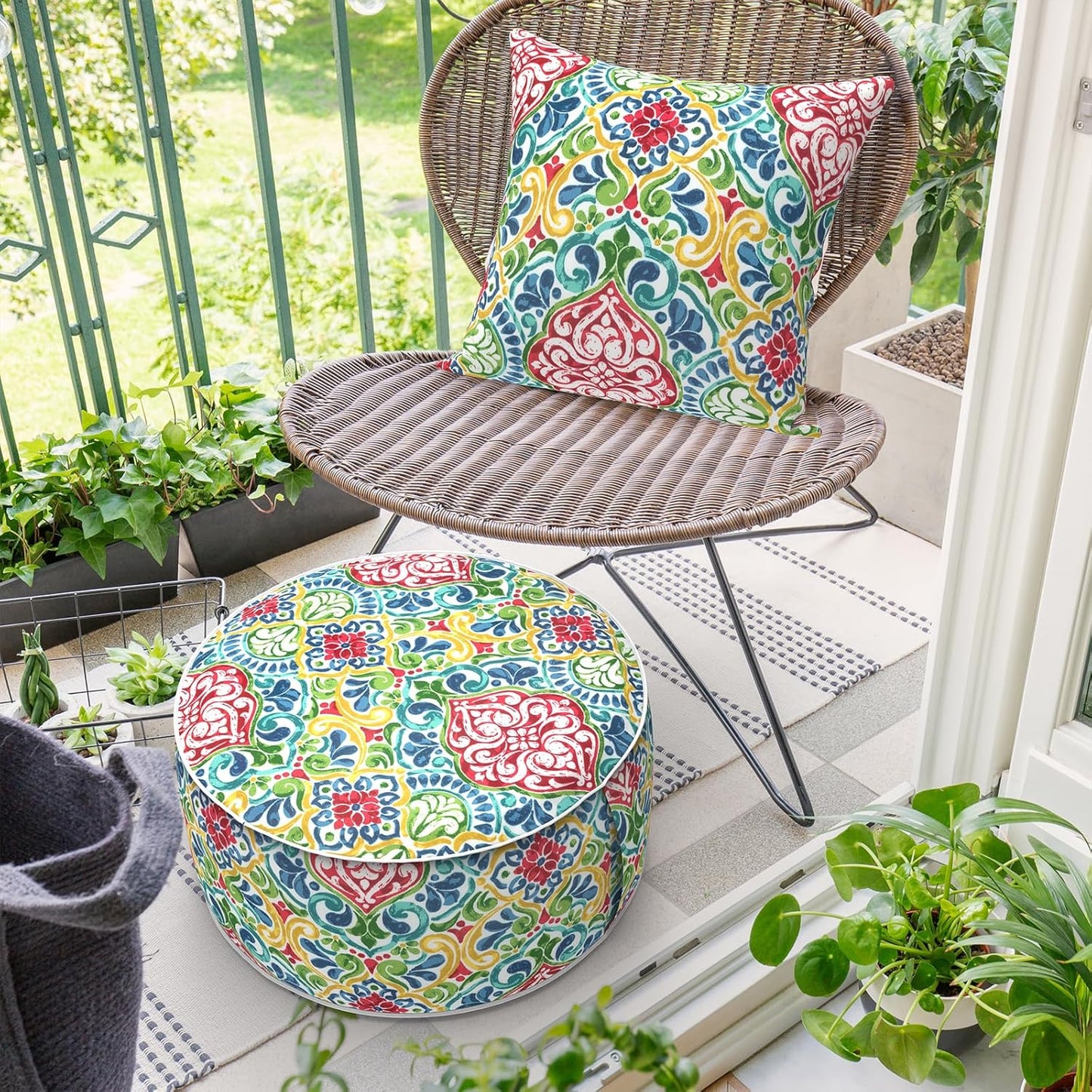 Inflatable Ottoman Stool D21 xH9 for Outdoor/Indoor Use, Water Repellent Patio Foot Rest Stool with Portable Handle,Round Pouf Ottoman Suitable for Garden,Deck and Camping - Damask Red