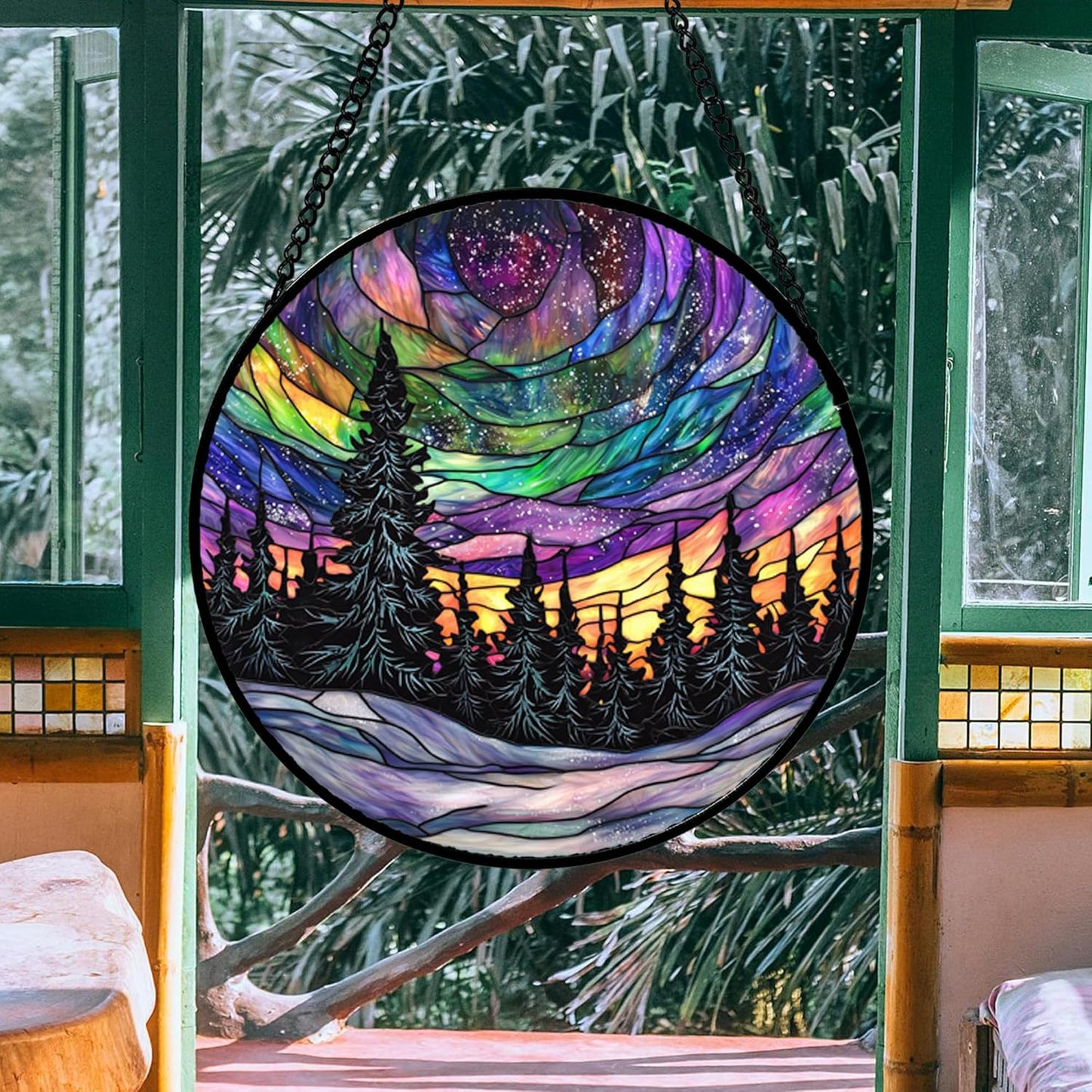 Stained Glass Window Hanging, Van Gogh Night Scene Sun Catchers Colorful Glass Panel Starry Sky Suncatcher Decor for Birthday for Women, Men, Wife, Aunt, and Mom 14.9x14.9 in