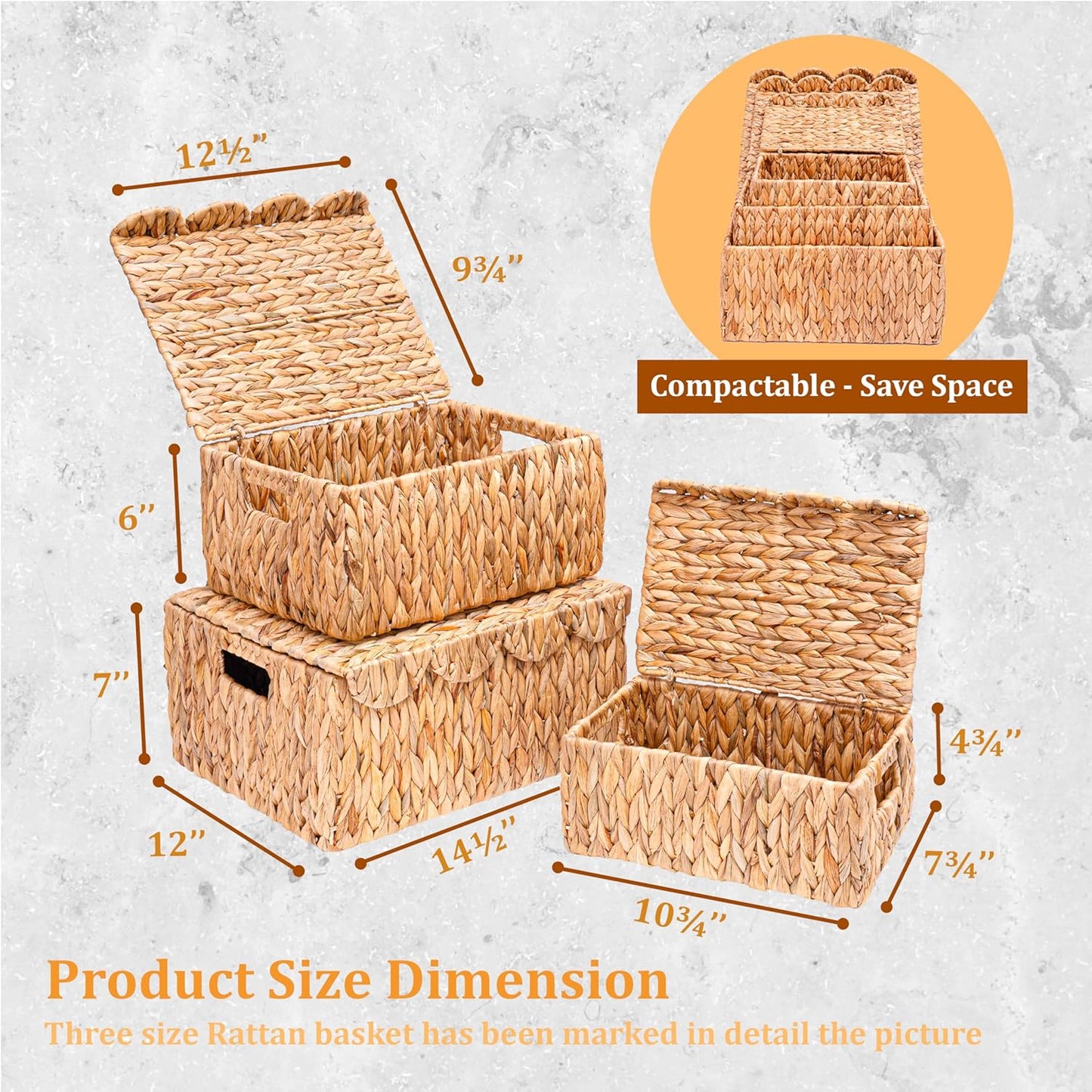 Set of 3 Scalloped Edge Wicker Basket with Lid, Rectangle Wicker Storage Basket with Built-in Handles, Multipurpose Organizer Rattan Display Boxes for Shelf, Nursery Room