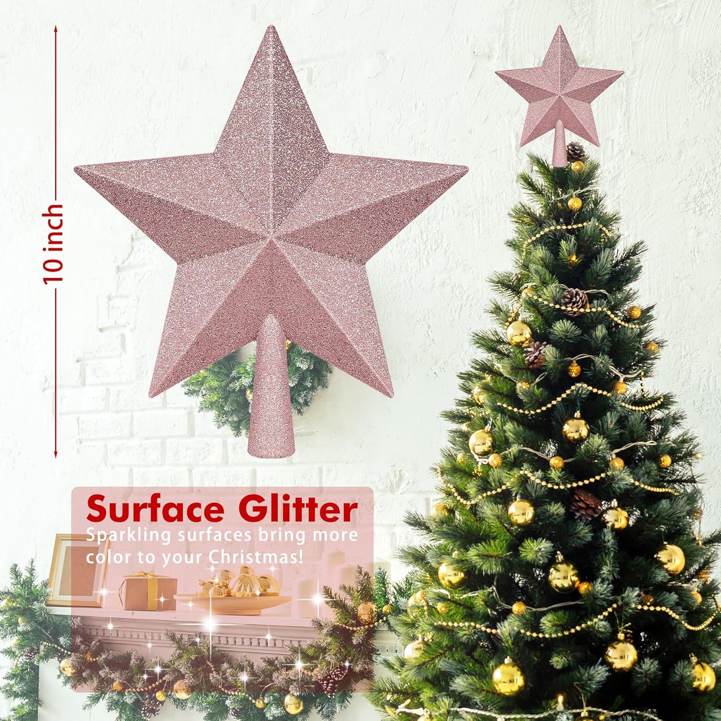 Christmas Tree Top Ornament, 10" Rose Gold Christmas Star Tree Topper, Large Xmas Glitter 3D Bethlehem Tree Topper Ornament, Waterproof Holiday Christmas Tree Topper Star for Home Indoor Outdoor