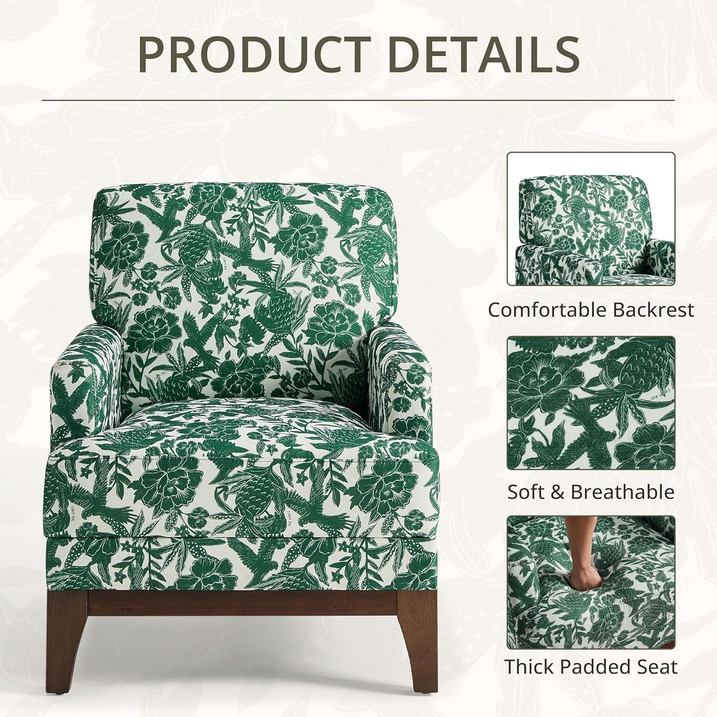 Floral Accent Armchair, Retro Wingback Upholstered Armchair with Wide Dipped Back Design and Wooden Legs, High Back Armchair, Leisure Single Sofa Chair for Living Room, Bedroom, Balcony, Green