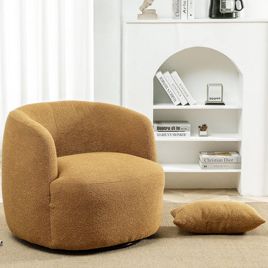 KINWELL 34" Wide Boucle Swivel Barrel Chair, No Assembly Round Upholstered Armchair Accent Chair Single Sofa Chair with Toss Pillow for Living Room and Bedroom, Brown