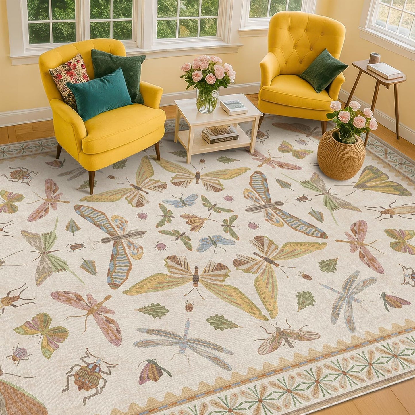 Large Beige Farmhouse Rugs for Living Room - 9x12 Area Rug for Bedroom, Dining Room, Kids Playroom, Stain Resistant Non Slip Low Pile Lightweight Carpet Indoor Butterfly Décor