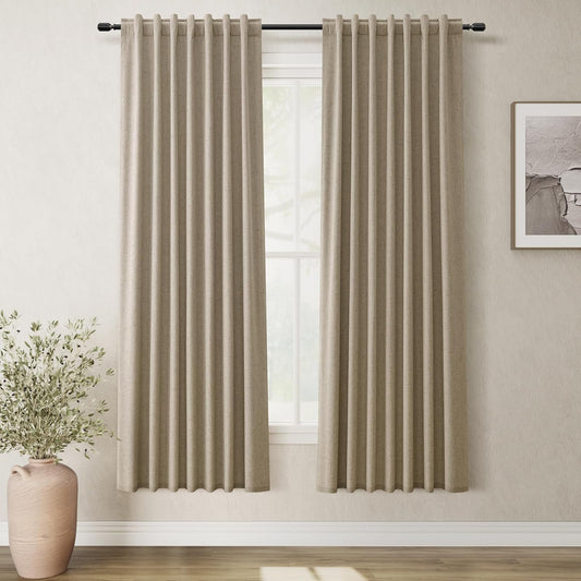 BOODII Linen Blackout Curtains for Bedroom 72 Inch Length 2 Panels Set Room Darkening Curtains Khaki Black Out Curtain Neutral Thermal Insulated Living Room Nursery Drapes Back Tab 52x72