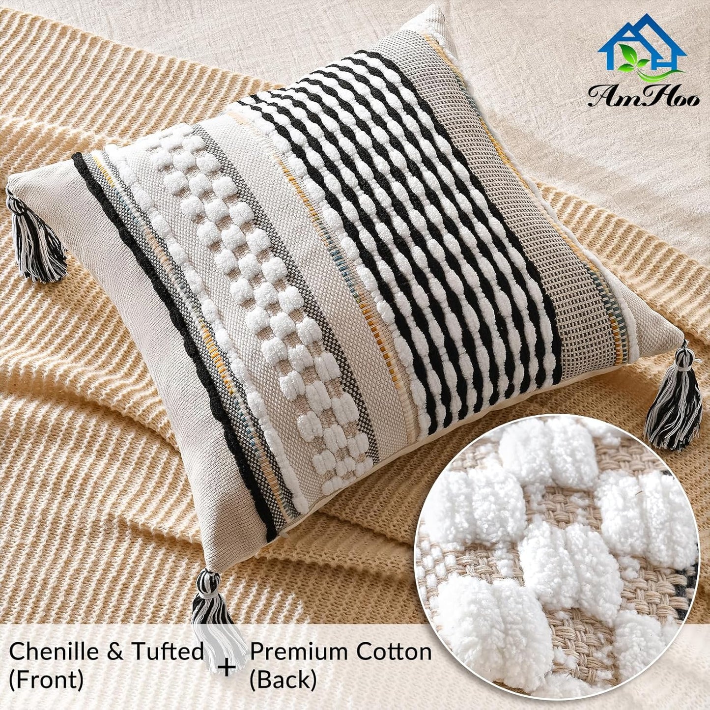 AmHoo Set of 2 Chenille Striped Textured Boho Throw Pillow Covers Aesthetic with Tassels Woven Decorative Pillow Case for Couch Bed Sofa Bedroom Modern Funky 18 x 18-Inch Black