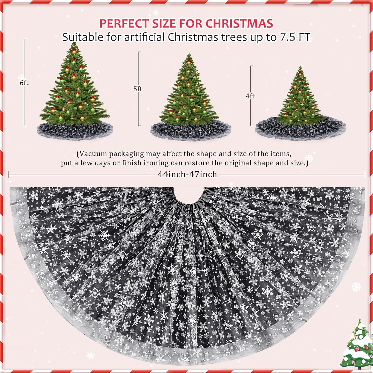 Christmas Wedding Tree Skirt, 4 Layer 45 in Snowflake Tulle Tree Decoration for Party Indoor, Fluffy Tree Cover Mat Ornament for Holiday, Black