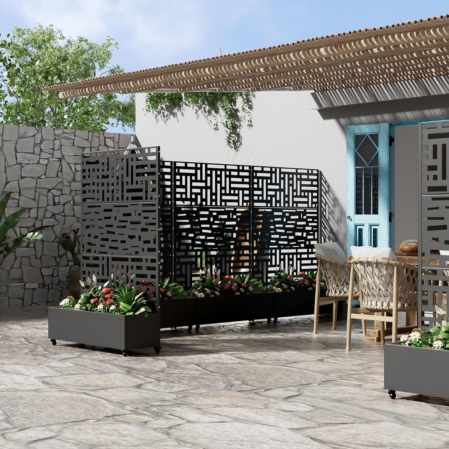 Casaphoria Metal Raised Garden Bed with Trellis and Wheels, 72"x47"x16" Planter Box for Climbing Plants, Vegetables & Vines, Features Drainage Holes and Privacy Screen, Black(Helen&Gerald)