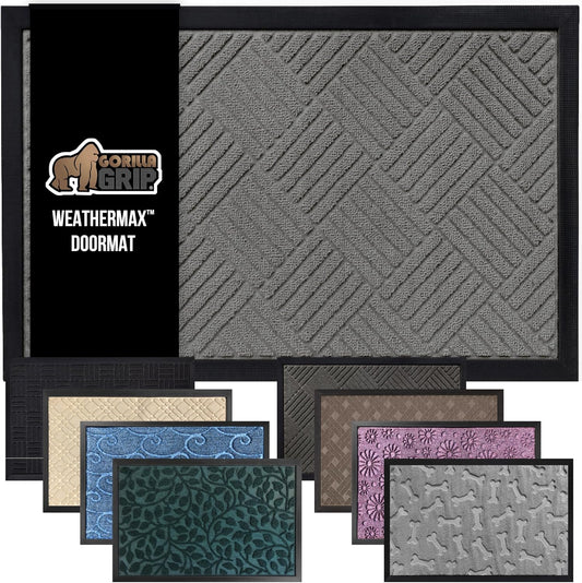 GORILLA GRIP 100% Waterproof All-Season WeatherMax Doormat US Designed Natural Rubber, Stain and Fade Resistant, Low Profile Indoor Outdoor Door Mats, Easy Clean Patio Mat, 17x29, Steel Diamond