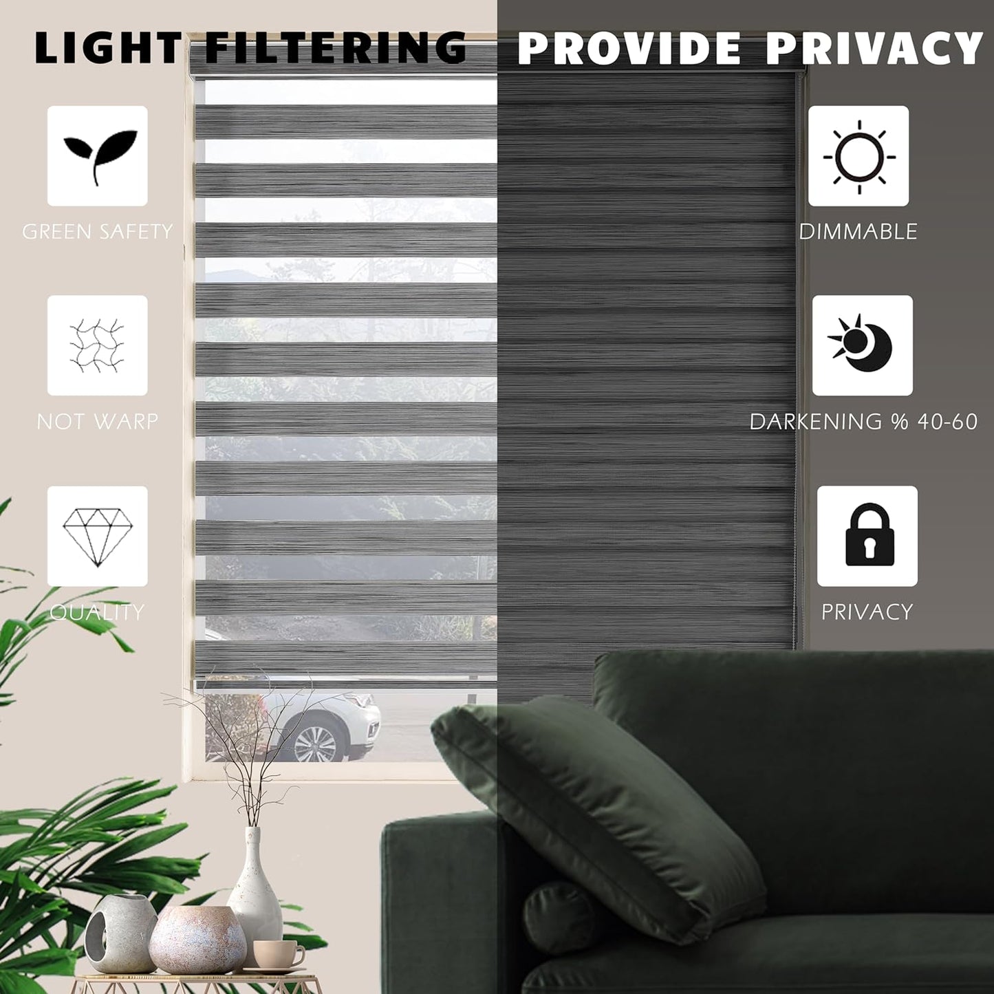 Zebra Blinds Window Blind Zebra Shade Blinds for Windows Roller Sheer Shades Privacy Light Filtering Shades for Home Kitchen Bathroom (Width 56'' X Height 72'' Grey)