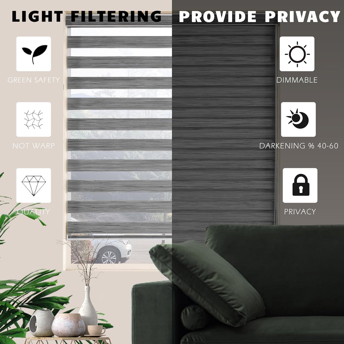 Blinds for Windows, Dual Layer Zebra Blind & Light Filtering Roller Shades for Living Room and Basement, (Maximum Height 72inch, Grey, Width 21 inch)
