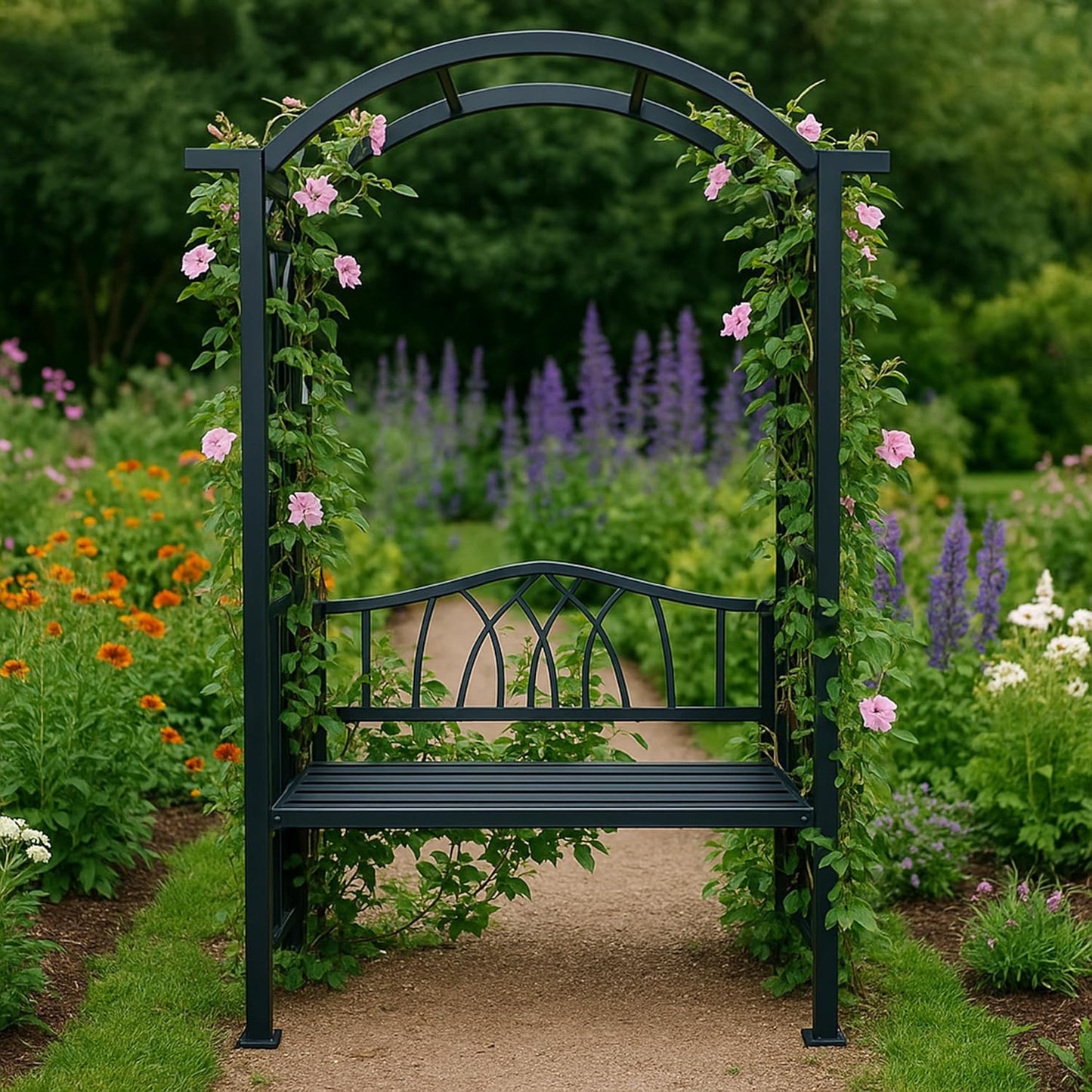 Black Aluminum Garden Arbor Arch with 2-Seater Bench