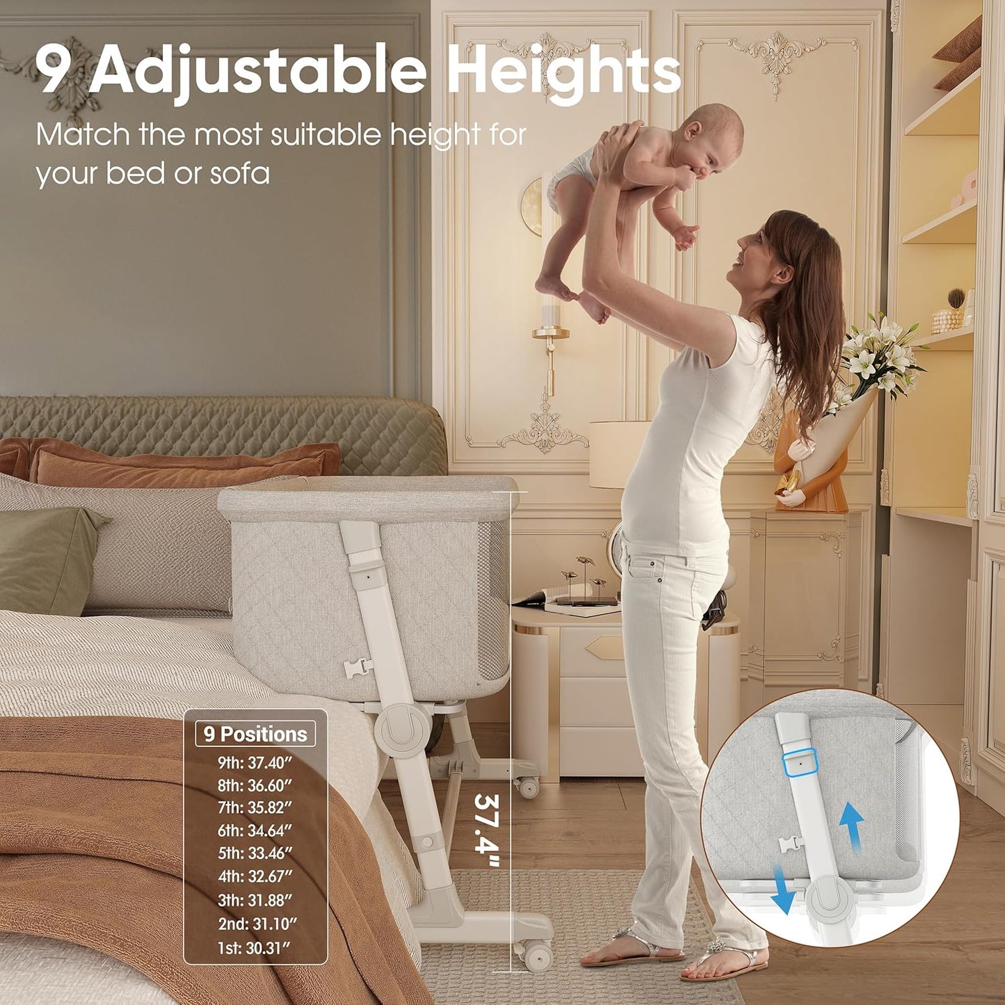 Baby Bassinets, 9 Height Adjustable Bedside Bassinet for Baby, Bedside Sleeper Bassinet with Breathable Mesh and Lockable Wheels, New Born Baby Essentials Must Haves