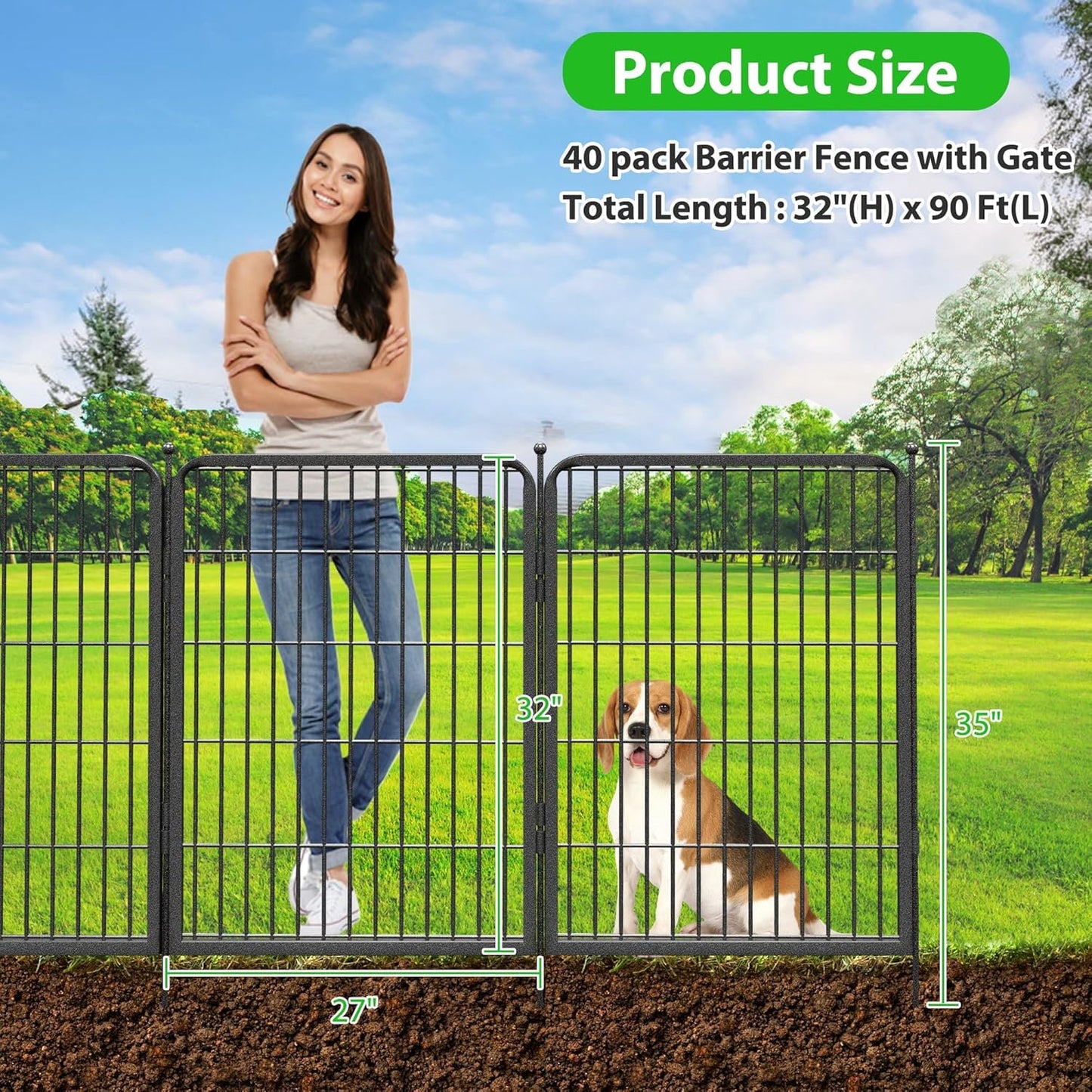 Decorative Black Metal Fencing Garden Fence with Gate, 91ft(L) 32in(H) 40 Fence Panels No Dig Fence Rustproof Animal Barrier Fence Temporary Dog Panels Fencing Outdoor