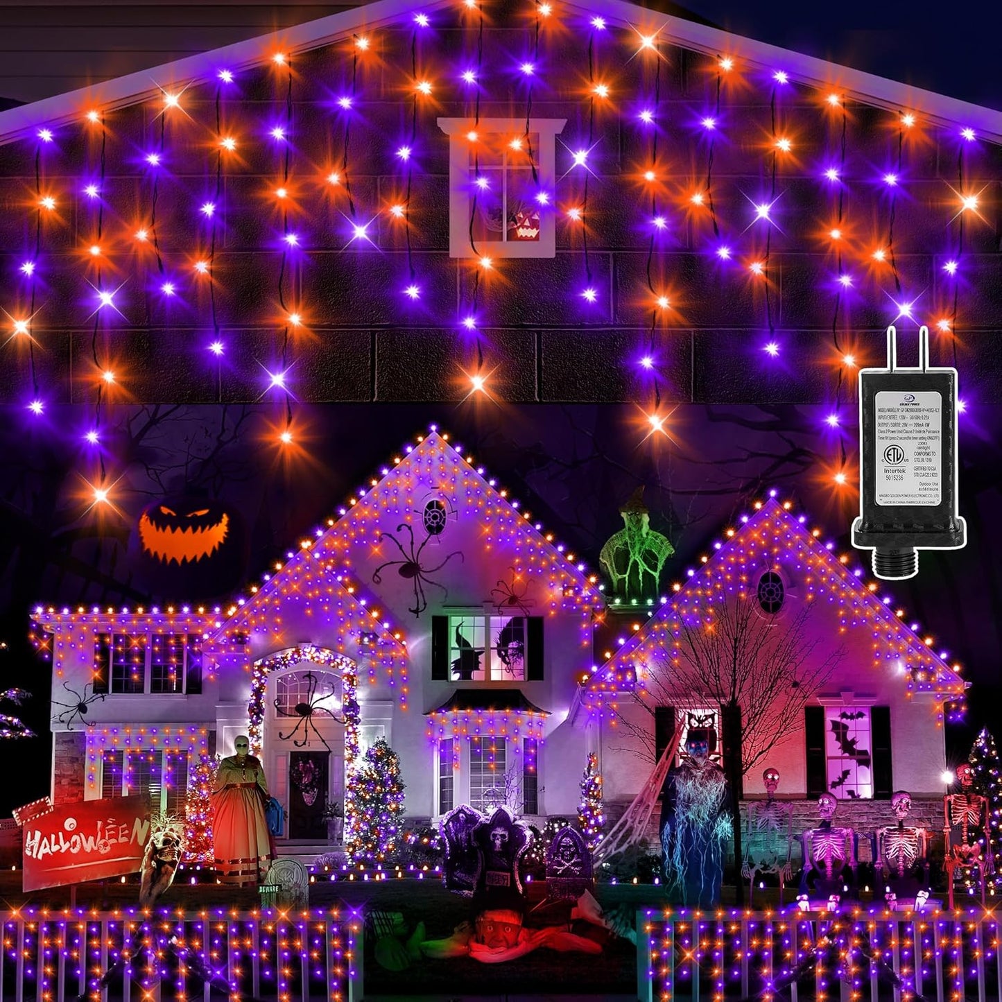 KNONEW 99FT 960 LED Orange Purple Halloween Lights Outdoor Black Wire String Lights with 180 Drops, 8 Lighting Modes, Timer Memory Function Hanging Curtain Lights for Halloween Party
