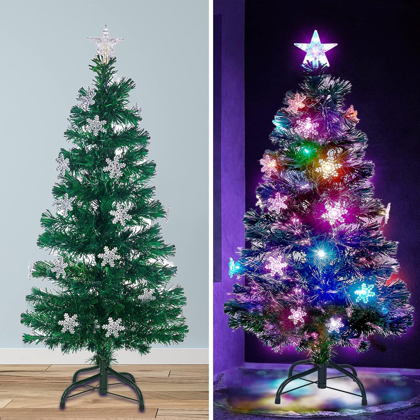Prsildan 5 FT Artificial Christmas Tree, Pre-Lit Optical Fiber Xmas Trees with Multicolor LED Lights, Snowflakes & Top Star, Lighted Christmas Tree Holiday Home Decor