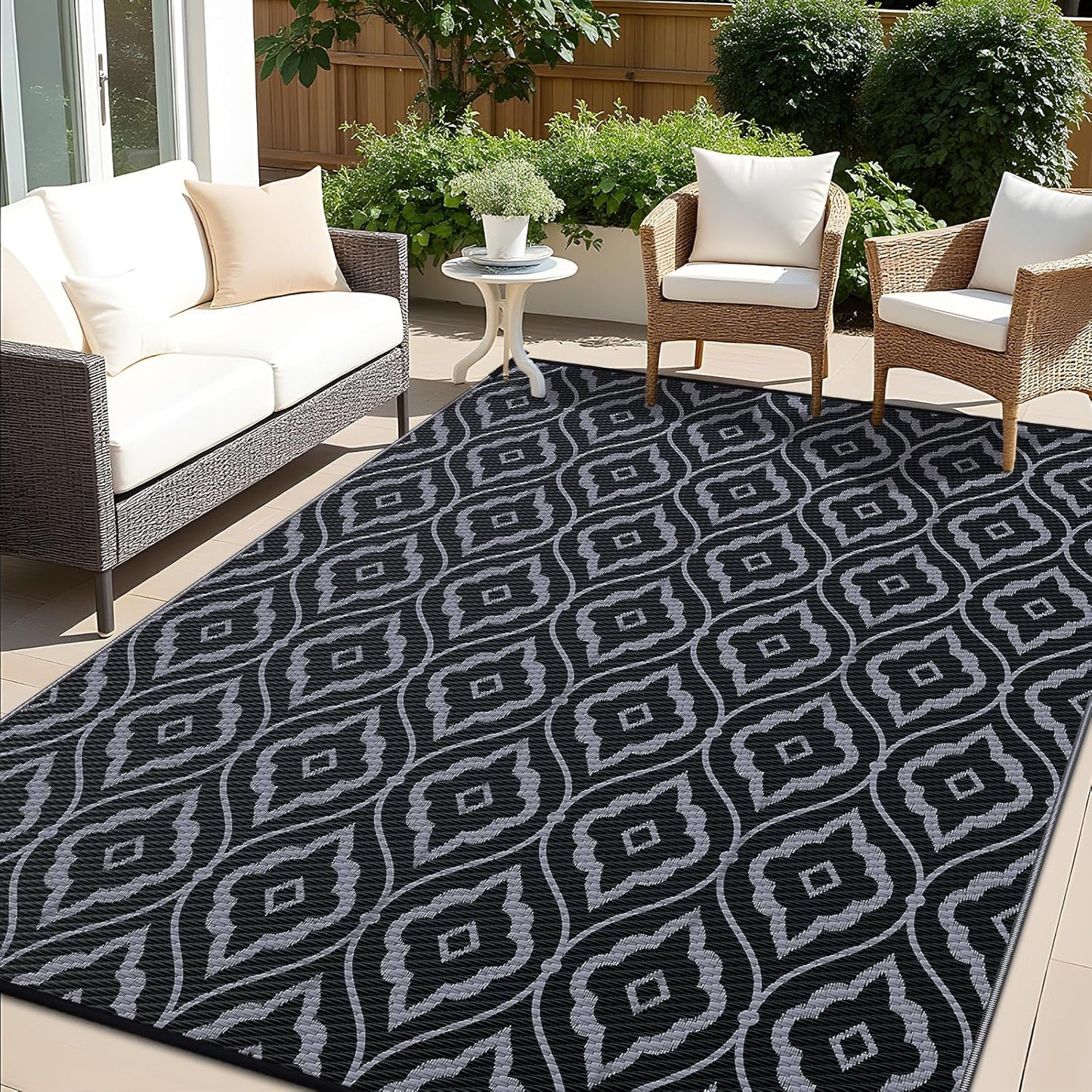 OLANLY Outdoor Rug 5x8 ft Waterproof, Outdoor Plastic Straw Rug with Geometric Pattern Clearance, Reversible RV Mat for Patio, Camping, Balcony, Deck, Backyard, Black & Grey
