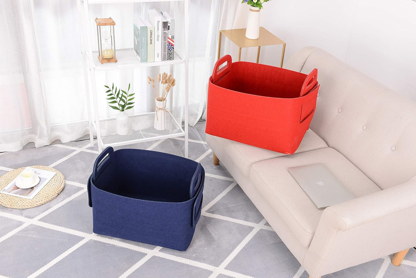 Storage Basket Felt Storage Bin Collapsible& Convenient Box Organizer with Carry Handles for Office Bedroom Closet Babies Nursery Toys Laundry (Navy Blue, 19.9inch（L）×13.6inch（W）×12.6inch（H）)