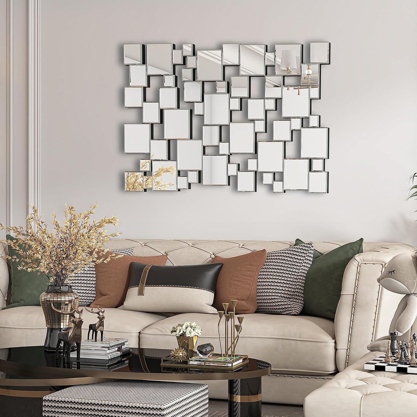 KOHROS Large Silver Wall Mirrors Decorative 48×32 Inch Modern Art Geometric Patchwork Mirror for Wall Decor, Living Room & Entryway Decor, 3D Space - Extending Wall - Mounted Mirror